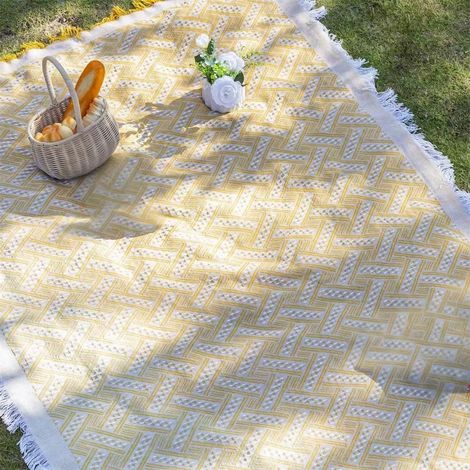 Couverture de pique-nique extra large 177,8 x 177,8 cm pour 5 à 7 adultes. Idéale pour camping, pelouse, parc et plage. Cadeau pour couples et mariage. Motif quadrillage en T jaune. (1/5)
