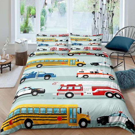 Housse de Couette 200x200 Enfant Camion de Pompiers, Parure de Lit Enfant Ado Garçon Voiture de Police, Sets de Housses de Couettes Autobus Scolaire, Couvre Lit Véhicule de Construction (1/4)