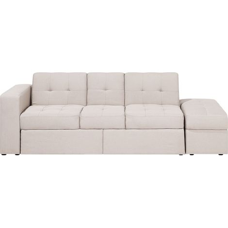 Sofá cama seccional beige con almacenamiento otomana cajones extraíbles click clack portavasos Falster (1/5)
