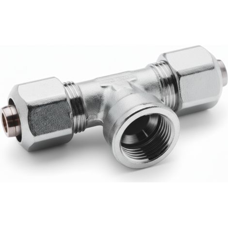 Raccordo a t filettato femmina 16x1/2 x16 in ottone nichelato per tubo multistrato pex-al-pex bampi bltf1612