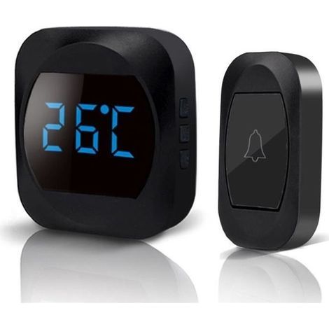 Waterproof Outdoor Wireless Doorbell - 150m Range - 1 Transmitter, 1 Receiver - Temperature Display - 4 Volume Levels - Black (1/4)