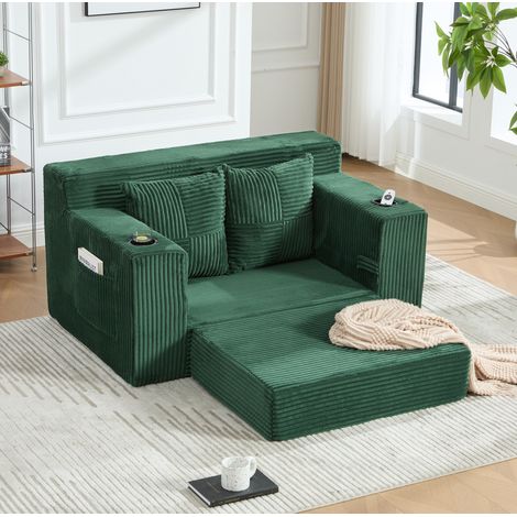 Divano letto 2 posti in velluto a coste verde smeraldo, 2 cuscini, portabicchiere OKWISH (1/5)