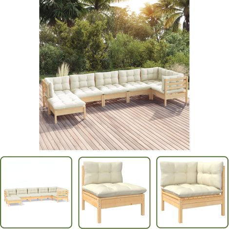 The Living Store 7-tlg. Garten-Lounge-Set mit Creme Kissen Massivholz Kiefer - Gartengeräte - Gartenmöbel - Lounge Set - Kiefernholzmöbel - Outdoor Möbel (1/5)