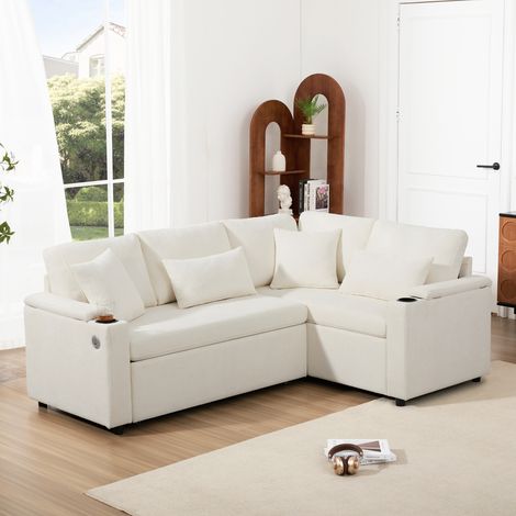 Canapé d’angle convertible 4 places 206,5x141x86cm,avec coffre de rangement,avec USB et porte-gobelet,chenille,beige (1/5)
