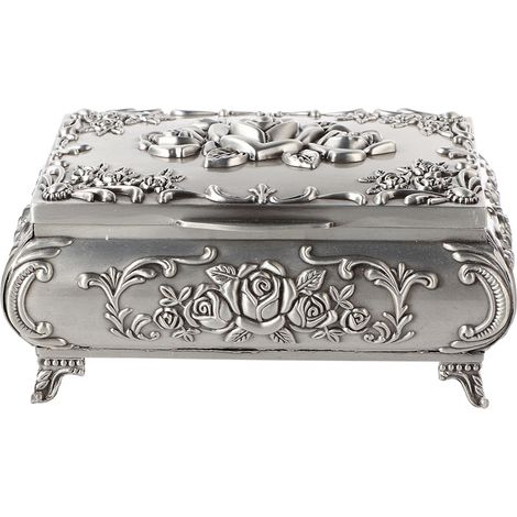 Boîte à bijoux vintage en alliage de zinc avec sculpture de rose en relief pour bagues et boucles d'oreilles (12.59.55.5 cm) (1/5)