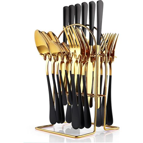 Set de couverts 24 pièces, set de couverts en acier inoxydable Caliamary avec support à couverts cuillères fourchettes couteaux, service d'ustensiles pour 6 personnes, finition or miroir et peinture r (1/5)