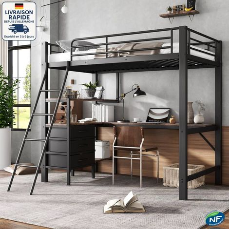 Lit mezzanine 90 x 200 cm, Lit simples pour adultes/enfants, 3 tiroirs, avec étagères et bureau d'angle, métal et aggloméré, sans matelas, noir et marron (1/5)