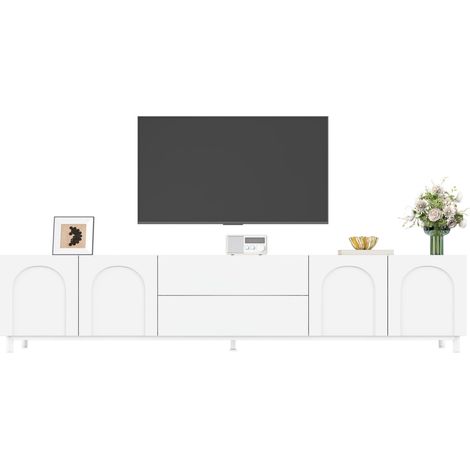 CHICFURN Meuble TV 4 portes et 2 tiroirs blanc, buffet bas de salon avec passages de câbles, pieds en tube d'acier, 180 cm, design arqué moderne (1/5)
