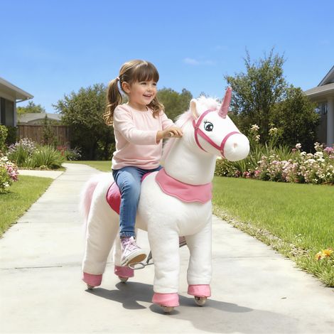 Cavallo a dondolo per bambini, design unicorno, rivestimento in tessuto, struttura robusta, ruote scorrevoli, cavallo a dondolo, 3-5 anni, bianco