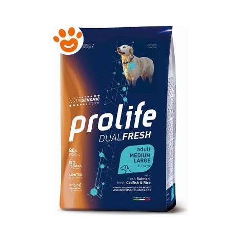 Prolife Dog DualFresh Adult Medium Large Salmone, Merluzzo e Riso  - Prolife Dog DualFresh Adult Medium Large Salmone, Merluzzo e Riso - Sacco Da 12 Kg