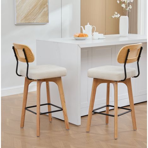 Lot de 2 tabourets de bar pivotants 360° avec dossier en rotin, chenille beige, H 96 cm (1/5)