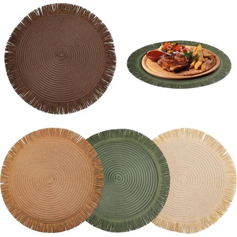 Juego de 4 manteles individuales redondos de 38 cm, salvamanteles trenzados con borlas  Estilo bohemio, protectores de platos antideslizantes y anti-quemaduras para bodas, banquetes y decoración de me (1/5)