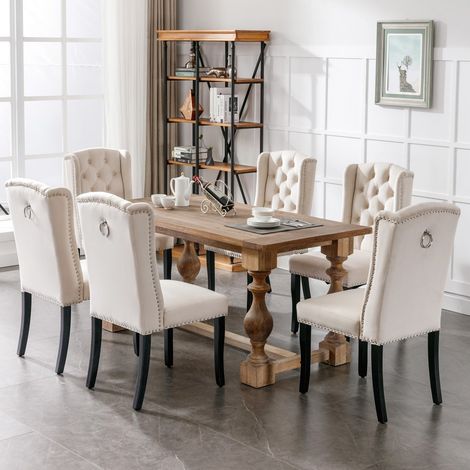 Chaise-x6-Velours-Beige-Pieds-Chêne-Bouton-Heurtoir-Chrome-Tête-Clou-49x61x100cm-Sans table (1/5)