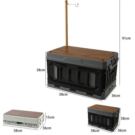 Stapelbare Campingkiste, großes Fassungsvermögen, 95 Liter, Holzdeckel, Aufbewahrungsbox aus Kunststoff, schwarz und grau. (1/4)