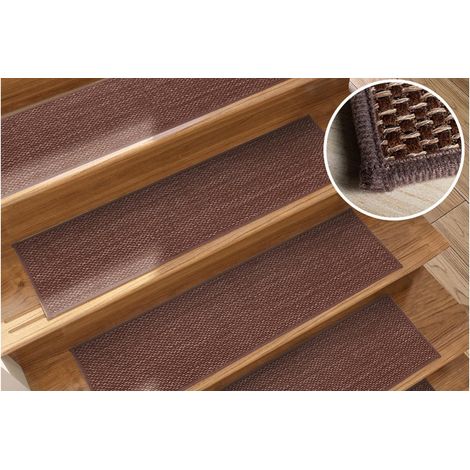 Tapis d'escalier antidérapant autocollant imitation lin - Marron, lot de 3 (1/2)