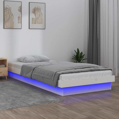 Cadre de lit LED blanc en pin massif, sommier à lattes, 75 x 190 cm sans matelas - PANGIVO (1/5)