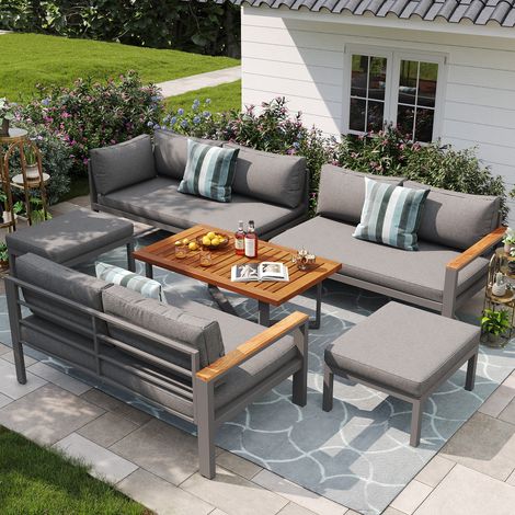 Set de mobilier extérieur 6 pièces (3 canapés doubles + 2 fauteuils + table), fer galvanisé, bois massif, pieds réglables (1/5)