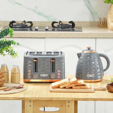 Ensemble grille-pain et bouilloire 2 en 1, 7 niveaux de brunissage, fonctions décongélation et réchauffage, gris
