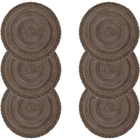 Set mit 6 waschbaren, hitzebeständigen, rutschfesten Tischsets aus geflochtener Baumwolle, runde Tischsets 38x38cm (Rund, geflochten - Braun) (1/4)