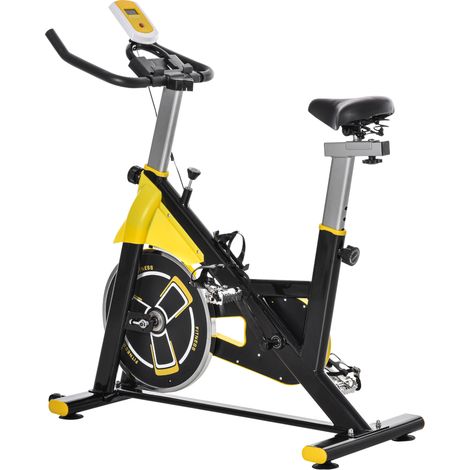 Vélo d'appartement réglable en hauteur, vélo de fitness, home trainer à courroie, écran LCD, acier, ABS, jaune + noir + gris, 45,5 x 100 x 101-113 cm