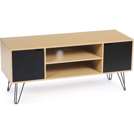 Idmarket – Meuble TV vintage 113 cm noir et bois – Pieds épingle en métal – Rangement avec 2 placards et étagères – Pour écran jusqu'à 40 pouces