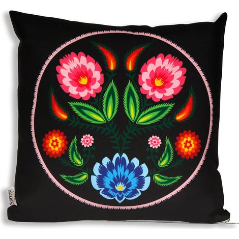 Cuscino popolare di Łowicz, fiori rosa, ritaglio nero (1/2)