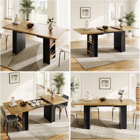 Table à manger extensible avec étagère de rangement (120–160 × 80 cm) longueur réglable de 120 cm à 160 cm grâce à une rallonge intégrée finition effet bois, adaptée aux cuisines et aux espaces de v (1/5)