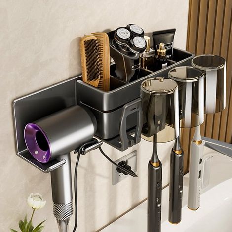 Organizzatore per spazzolini elettrici, rimovibile e lavabile, da parete, con supporto per spazzolini elettrici, bicchiere per collutorio e supporto per asciugacapelli. (1/5)
