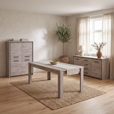 Salle à manger complète contemporaine chêne gris – Table 170/190 cm – Buffet L 211 x H 90 x P 45 cm – Meuble bar L 120 x H 160 x P 45 cm – Deladeco (1/5)