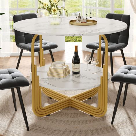 Mesa de comedor redonda 80x80x76 cm dorada en MDF con almacenamiento inferior y patas regulables (1/5)