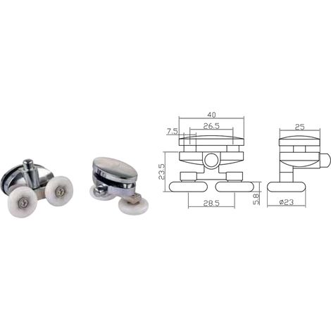 Coppia Cuscinetti Doppia Ruota Attacco Superiore ABS Cromato Box Doccia – Ø23 mm – Foro 9 mm – Interasse 26,5 mm