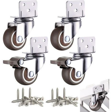 Lot de 4 roulettes pivotantes 50mm avec frein, plaque en L, 360°, pour meubles intérieur/extérieur. (1/5)