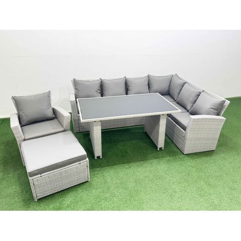 Fimous Outdoor Garden Furniture Sets 8 Seater Wicker Rattan Corner Sofa Sets with Rectangular Dining Table Lounge Sofa Big Footstool Armchair Light Grey (1/4)