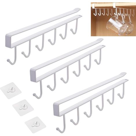 Lot de 3 - Porte-tasses - Support suspendu - Installation sans perçage - Pour cuisine et dressing - Blanc - 27x7 cm (1/5)
