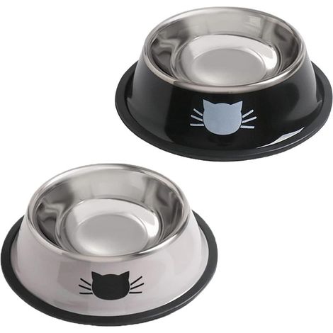 Lot de 2 gamelles antidérapantes en acier inoxydable de 227 g pour animaux de compagnie, avec base en caoutchouc amovible, empilables, motif chat mignon peint (1/5)