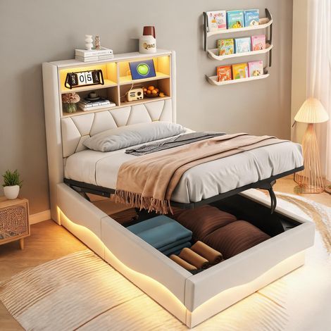 Cadre de lit beige en fer 221 x 93 x 131 cm (1/5)