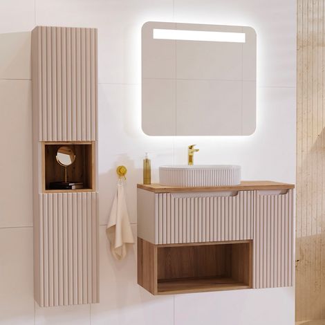 Ensemble meuble simple vasque 90cm et colonne Riva Cachemire et Bois (1/5)