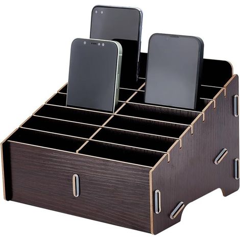 Scatola porta cellulare in legno rimovibile a 14 scomparti, colore marrone cocco, organizer multi-scomparto per scrivania, dimensioni 21,8x17,6x15 cm (1/4)