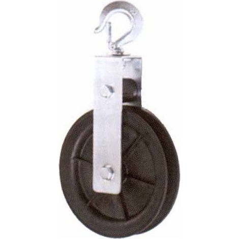 METAL HOUSE Carrucola Ruota Teflon 200 mm Supporto Acciaio Cuscinetti Gancio Sicurezza Portata 50 Kg Funi 18-20 mm