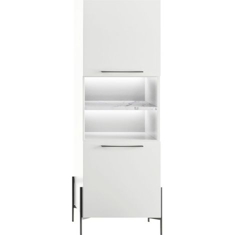 Rangement 2 portes laqué blanc plateau marbré pieds et poignées métal anthracite + Leds - CARAT