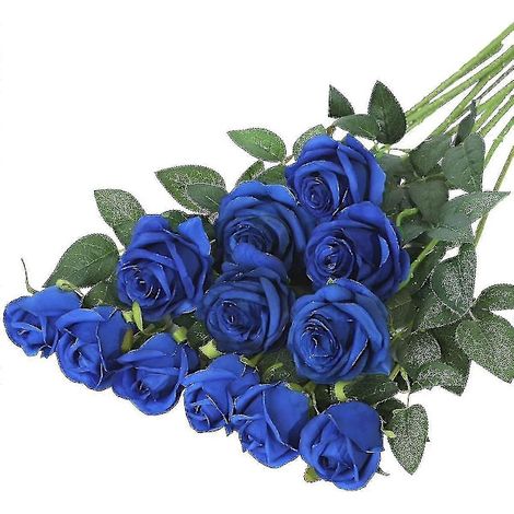 Lot de 12 roses rouges artificielles Fong, fleurs en soie réalistes, roses épanouies, bouquet de mariée à longue tige, pour la maison, bleu-AquaForge (1/3)