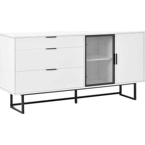 Buffet blanc, vitrine, meuble de rangement, buffet moderne de luxe pour salle à manger, trois tiroirs, portes vitrées, avec bande LED (1/5)