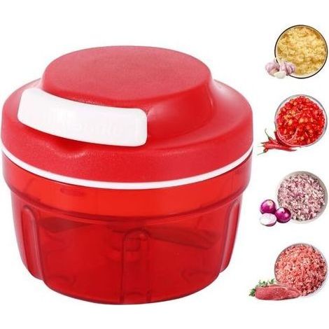Hachoir Manuel, Coupe Oignon Manuel 300 ml avec Lames en Acier Inoxydable, Hachoir à Ail, Manuel Robot Culinaire pour Piment/Oignons/Légumes/Noix/Fruits/Poivrons/Viande/Ail/Purée (Rouge) (1/5)