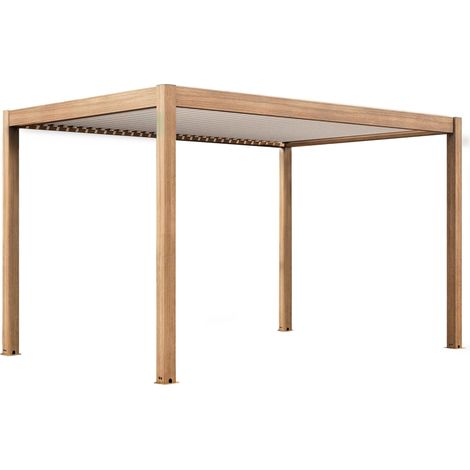 Pergola bioclimatique autoportée et motorisée éclairée 3x4m bois blanc