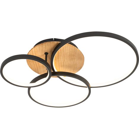 QAZQA Lampada da soffitto alec - Moderno - Acciaio,Alluminio,Legno - Nero/Marrone - Tondo (non sostituibile) LED Max. 3 x 40 Watt