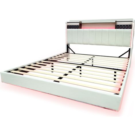 Lit rembourré 160 x 200 avec LED, port USB, tête de lit avec rangement, effet flottant, tissu beige pour chambre ado et adulte moderne, design suspendu - CHICFURN (1/5)