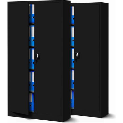 2er Set Aktenschrank C001 Metallschrank Stahlschrank Werkzeugschrank Büroschrank Lagerschrank Universalschrank Pulverbeschichtung Flügeltüren 185 cm x 90 cm x 40 cm (schwarz/schwarz)
