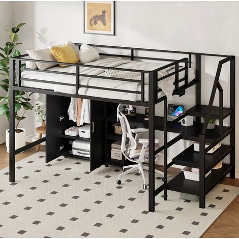 Cama Alta 140x200 Cm Estructura Metal Y Mdf Negro (1/5)