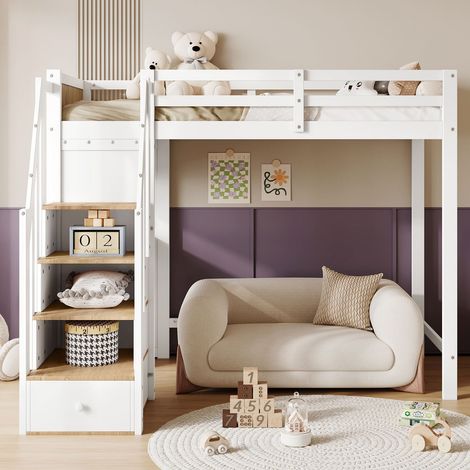 Lit mezzanine enfant 90x200 cm avec bureau, 3 tiroirs, étagères et escalier de rangement, barrières de sécurité, blanc et naturel (1/5)