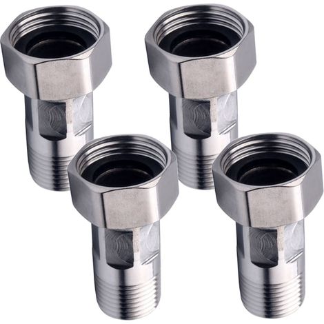Quattro raccordi di riduzione a sgancio rapido in acciaio inox per contatori dell'acqua.